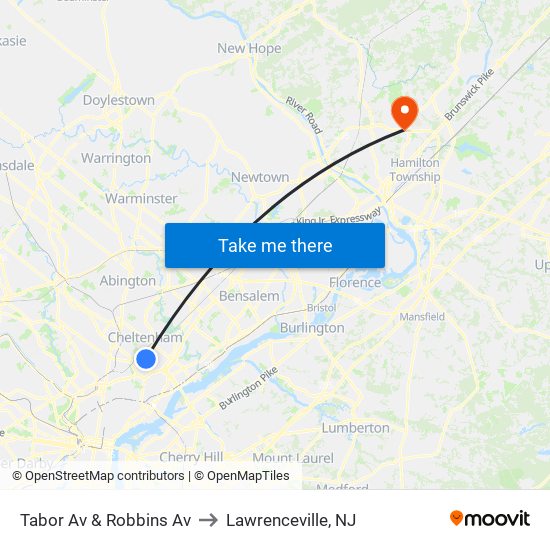 Tabor Av & Robbins Av to Lawrenceville, NJ map