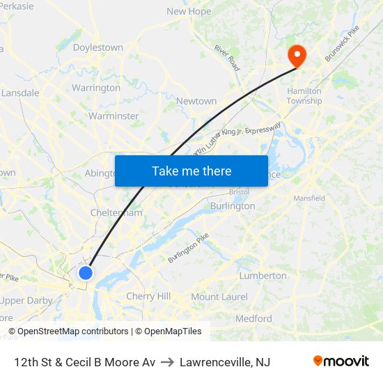 12th St & Cecil B Moore Av to Lawrenceville, NJ map