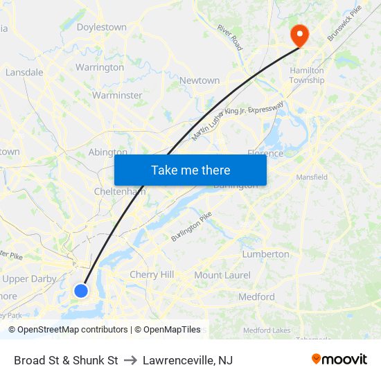 Broad St & Shunk St to Lawrenceville, NJ map