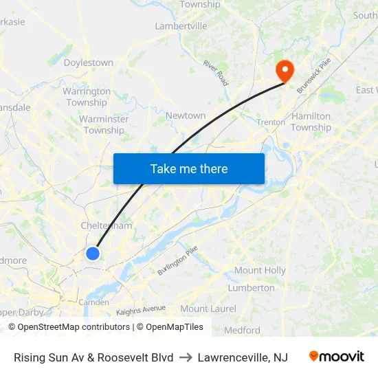 Rising Sun Av & Roosevelt Blvd to Lawrenceville, NJ map