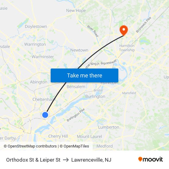 Orthodox St & Leiper St to Lawrenceville, NJ map