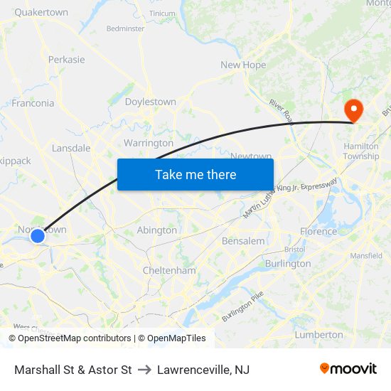 Marshall St & Astor St to Lawrenceville, NJ map