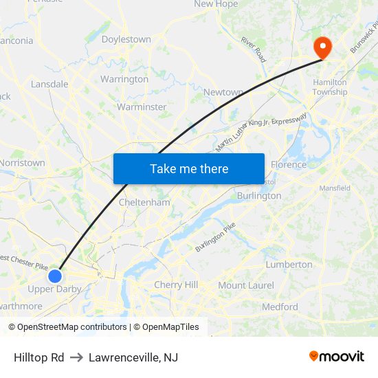 Hilltop Rd to Lawrenceville, NJ map