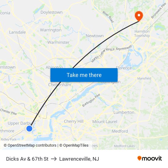 Dicks Av & 67th St to Lawrenceville, NJ map