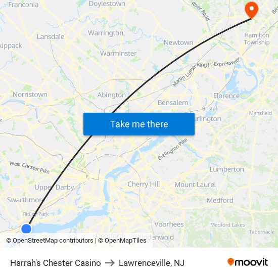 Harrah's Chester Casino to Lawrenceville, NJ map