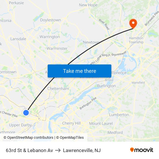 63rd St & Lebanon Av to Lawrenceville, NJ map