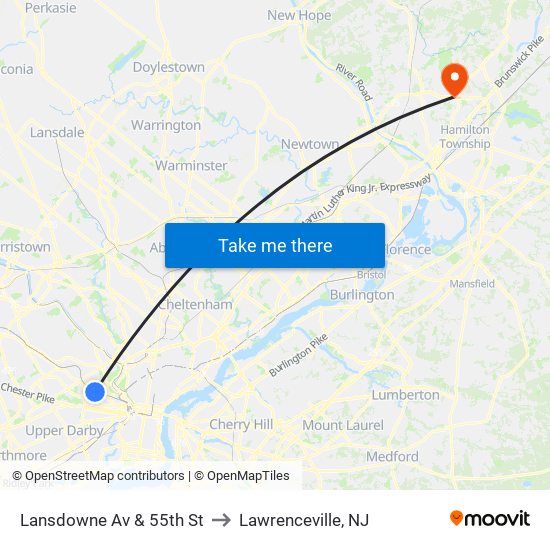 Lansdowne Av & 55th St to Lawrenceville, NJ map