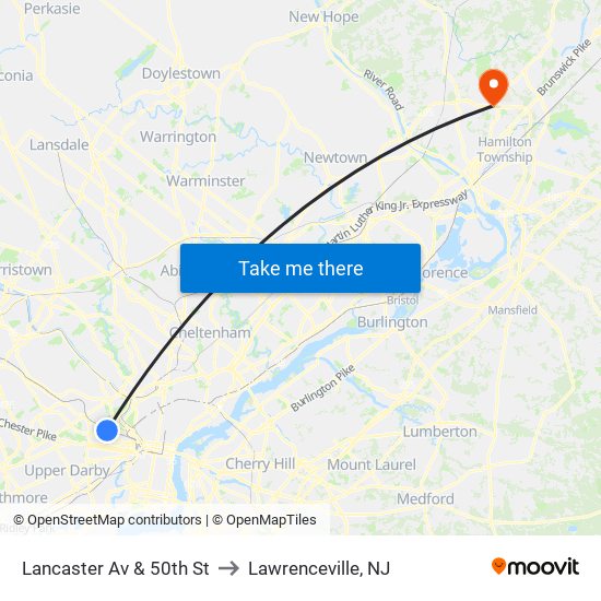 Lancaster Av & 50th St to Lawrenceville, NJ map