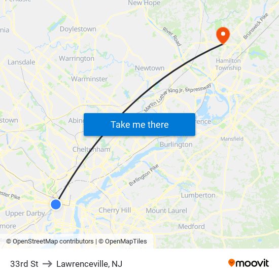 33rd St to Lawrenceville, NJ map