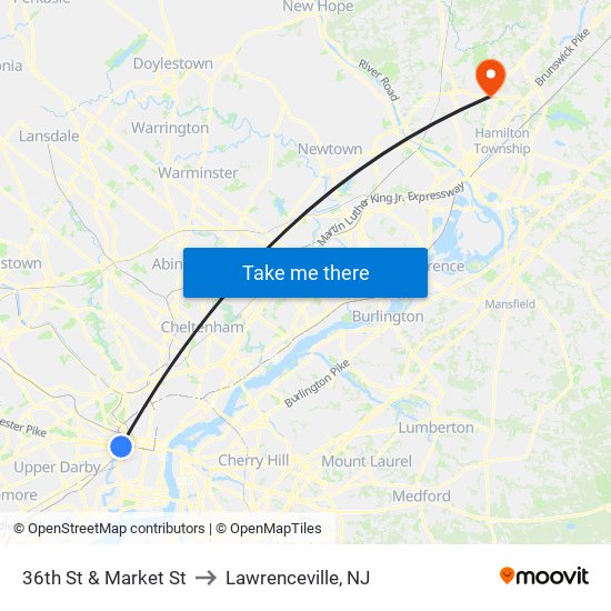 36th St & Market St to Lawrenceville, NJ map