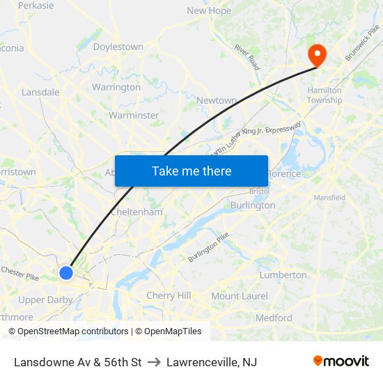 Lansdowne Av & 56th St to Lawrenceville, NJ map
