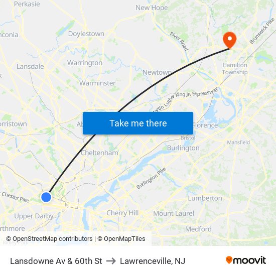 Lansdowne Av & 60th St to Lawrenceville, NJ map