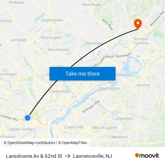 Lansdowne Av & 62nd St to Lawrenceville, NJ map