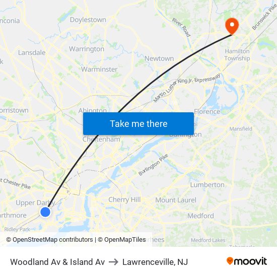 Woodland Av & Island Av to Lawrenceville, NJ map