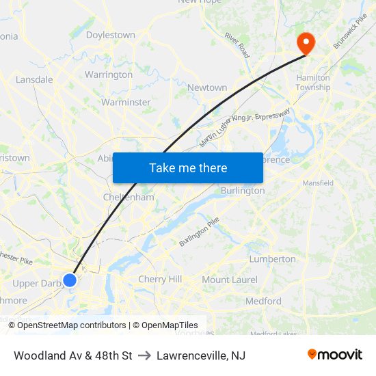 Woodland Av & 48th St to Lawrenceville, NJ map