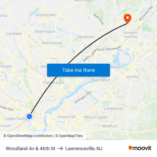 Woodland Av & 46th St to Lawrenceville, NJ map