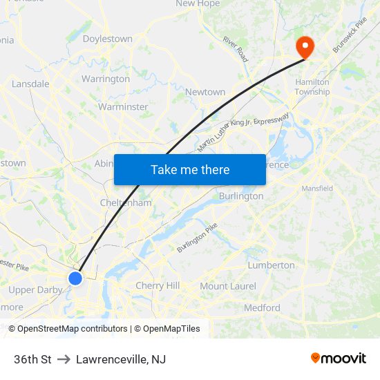 36th St to Lawrenceville, NJ map