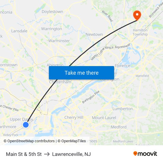 Main St & 5th St to Lawrenceville, NJ map