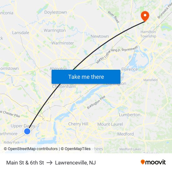 Main St & 6th St to Lawrenceville, NJ map