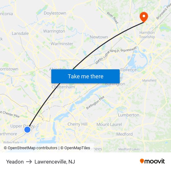 Yeadon to Lawrenceville, NJ map