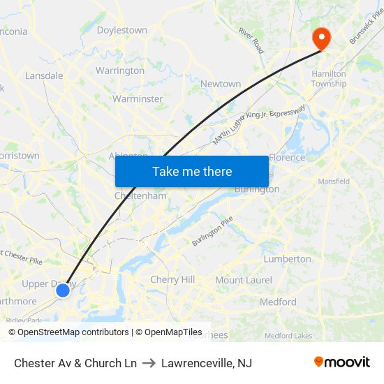 Chester Av & Church Ln to Lawrenceville, NJ map