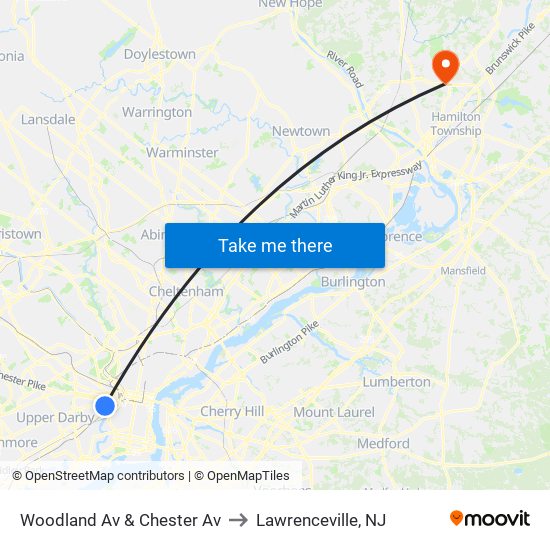 Woodland Av & Chester Av to Lawrenceville, NJ map