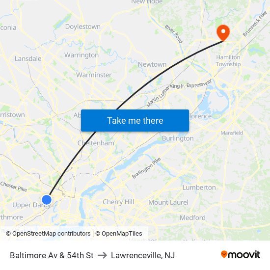 Baltimore Av & 54th St to Lawrenceville, NJ map