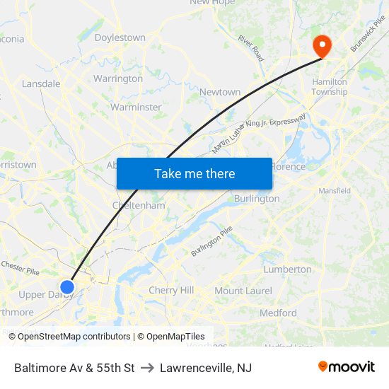 Baltimore Av & 55th St to Lawrenceville, NJ map