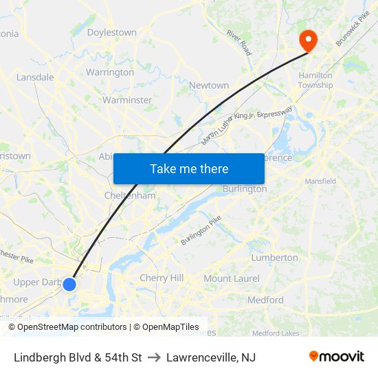 Lindbergh Blvd & 54th St to Lawrenceville, NJ map