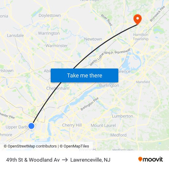 49th St & Woodland Av to Lawrenceville, NJ map