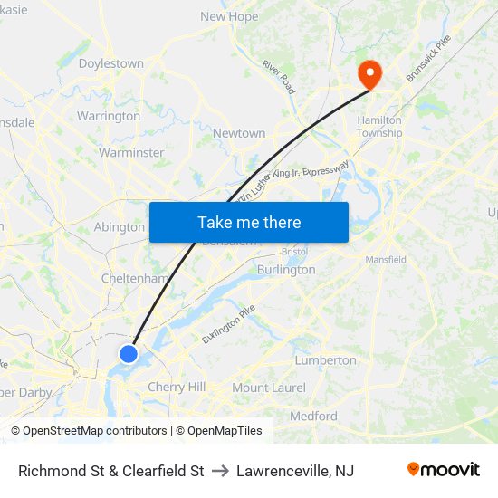 Richmond St & Clearfield St to Lawrenceville, NJ map