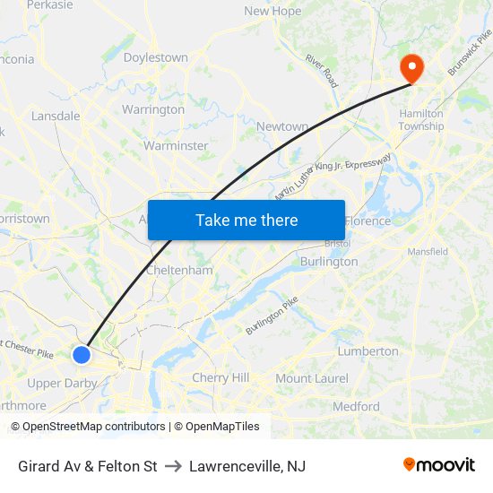 Girard Av & Felton St to Lawrenceville, NJ map