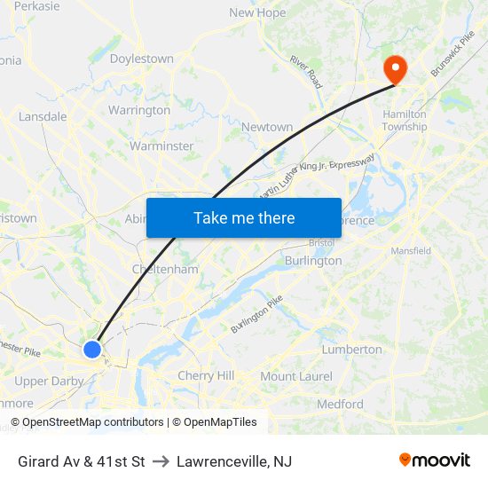 Girard Av & 41st St to Lawrenceville, NJ map