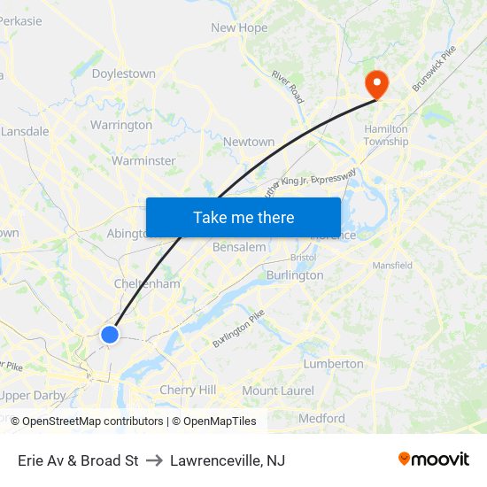 Erie Av & Broad St to Lawrenceville, NJ map