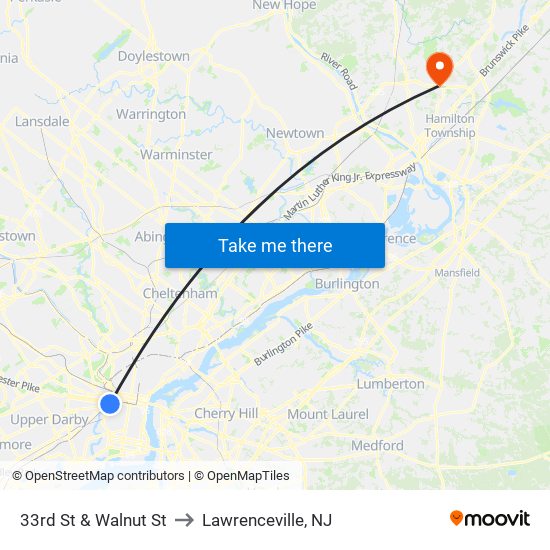 33rd St & Walnut St to Lawrenceville, NJ map