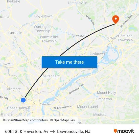 60th St & Haverford Av to Lawrenceville, NJ map