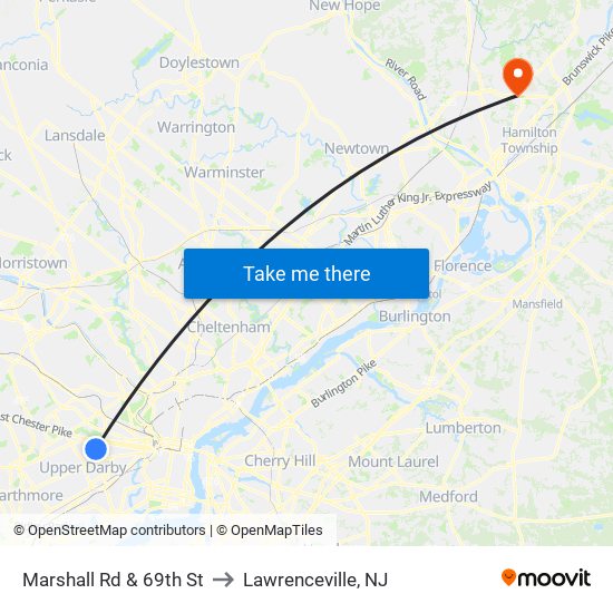 Marshall Rd & 69th St to Lawrenceville, NJ map