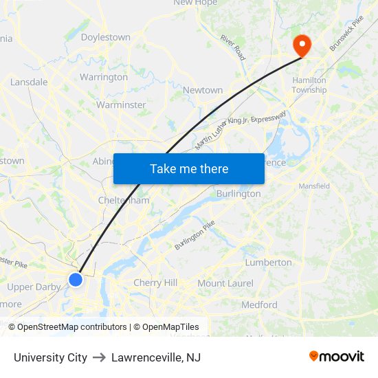 University City to Lawrenceville, NJ map