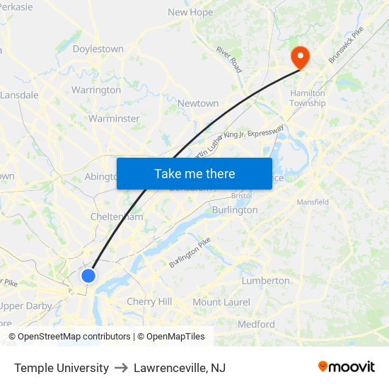 Temple University to Lawrenceville, NJ map