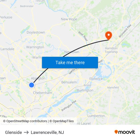 Glenside to Lawrenceville, NJ map