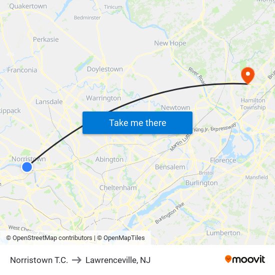 Norristown T.C. to Lawrenceville, NJ map