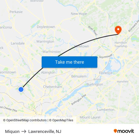 Miquon to Lawrenceville, NJ map