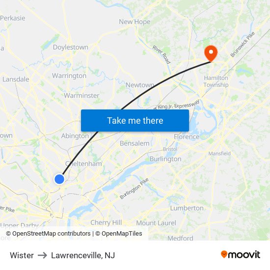 Wister to Lawrenceville, NJ map