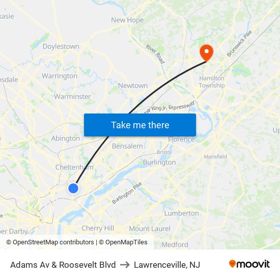 Adams Av & Roosevelt Blvd to Lawrenceville, NJ map