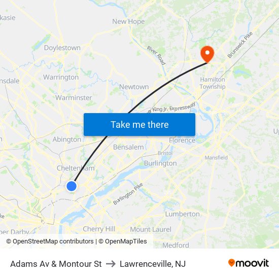 Adams Av & Montour St to Lawrenceville, NJ map