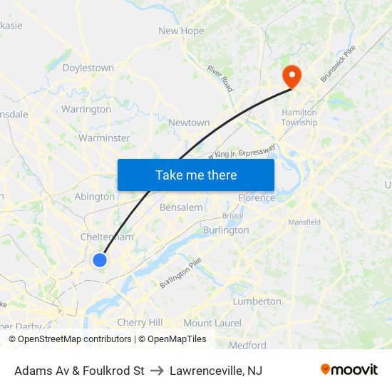 Adams Av & Foulkrod St to Lawrenceville, NJ map