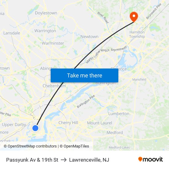 Passyunk Av & 19th St to Lawrenceville, NJ map