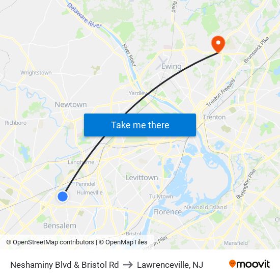 Neshaminy Blvd & Bristol Rd to Lawrenceville, NJ map