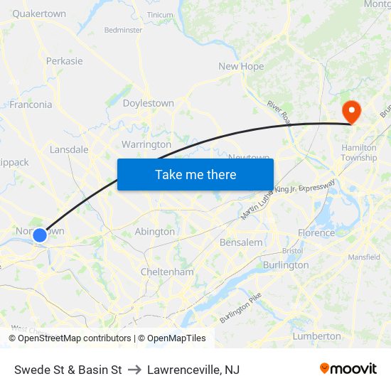Swede St & Basin St to Lawrenceville, NJ map