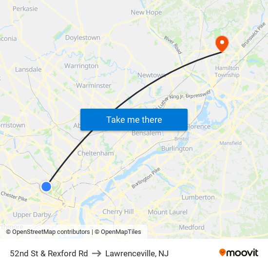 52nd St & Rexford Rd to Lawrenceville, NJ map